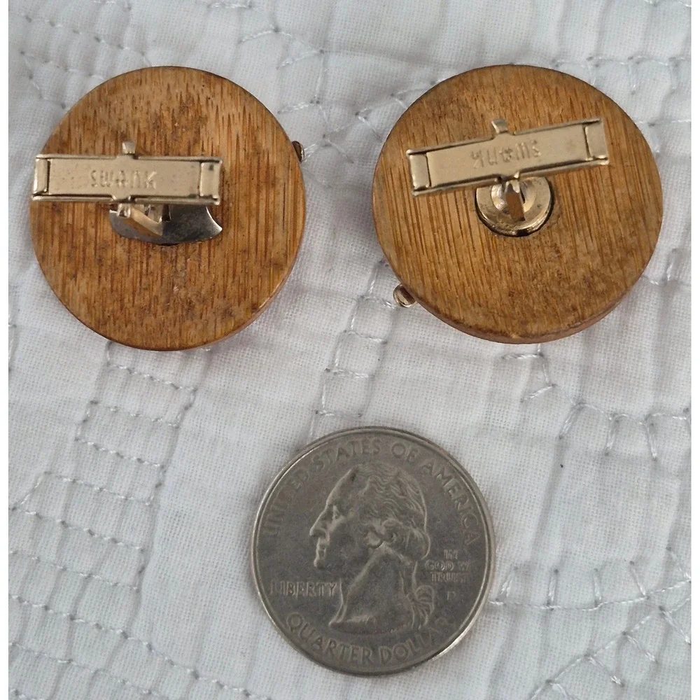 Vintage Swank Cufflinks Wood Gold Sailboat Nautical Boat Mid Century Jewelry